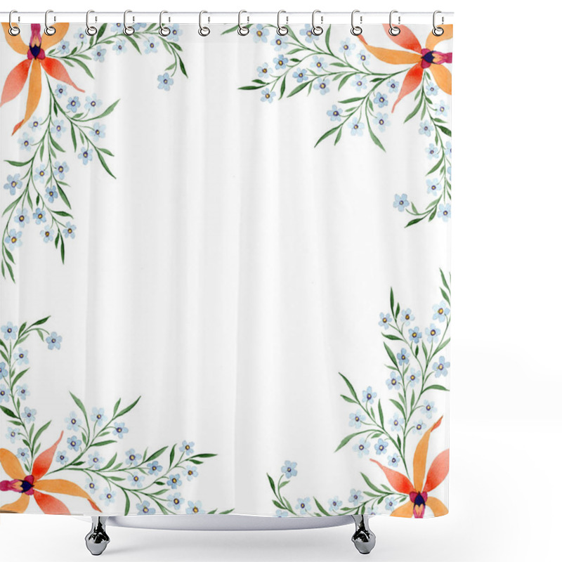 Personality  Blue And Orange Flowers. Watercolour Drawing Of Background With Orchids And Forget Me Nots. Shower Curtains