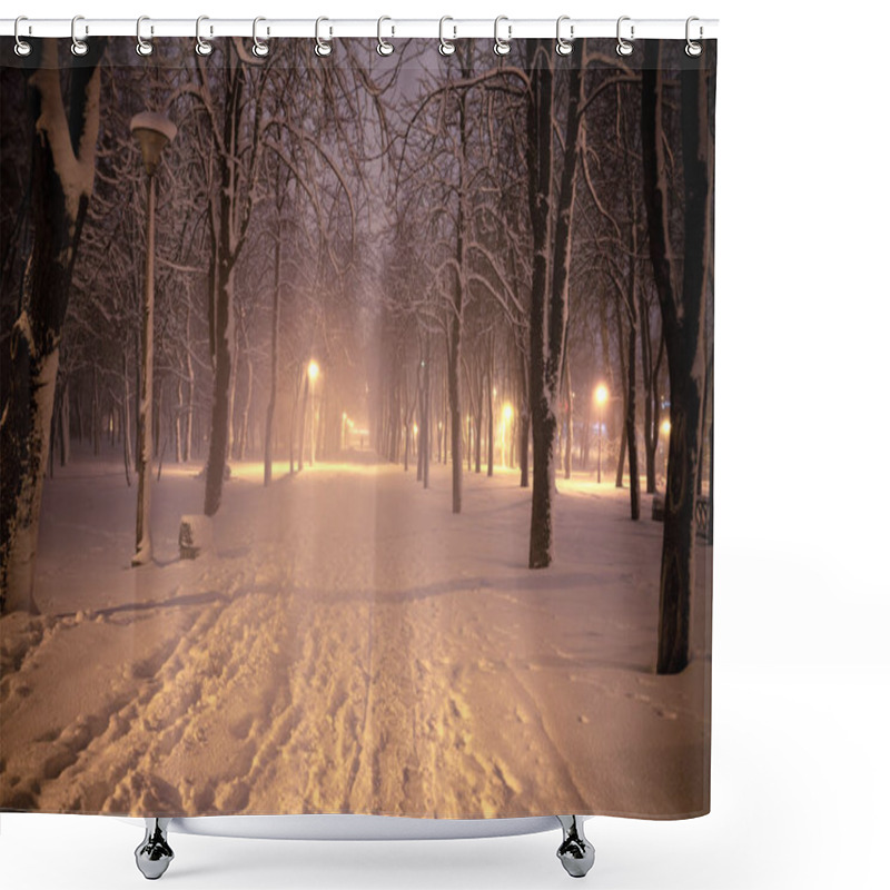 Personality  Night Winter Landscape. Snowy Alley Of City Illuminated Park Shower Curtains