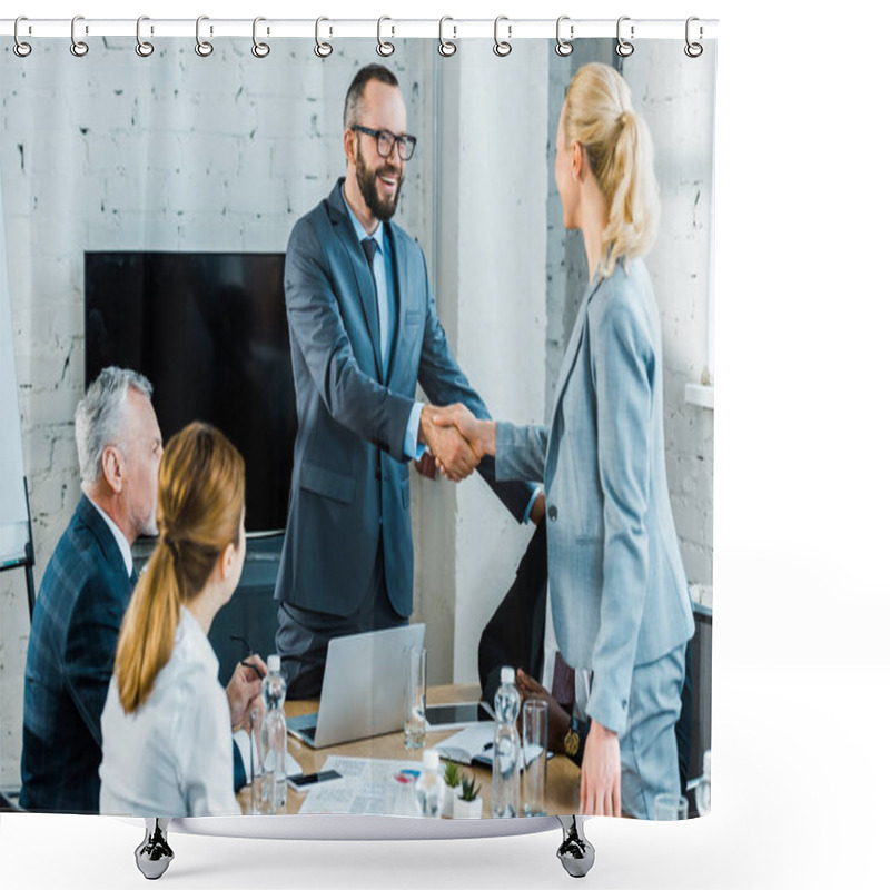 Personality  Handsome Business Coach Shaking Hands With Blonde Woman Near Multicultural Coworkers Shower Curtains