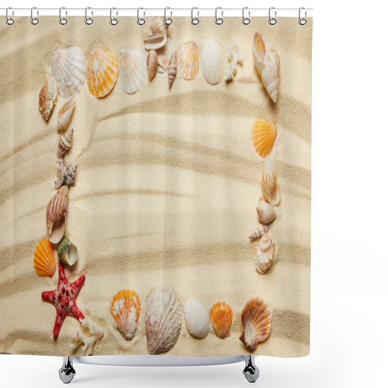 Personality  Top View Of Frame With Seashells Starfish And Corals On Sandy Beach Shower Curtains