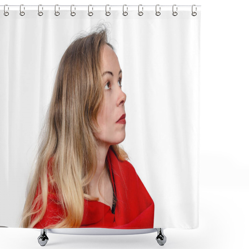 Personality  Side View Of Thoughtful Blonde Woman In Red Scarf, On White Background. Looking Up. Close Up Shower Curtains