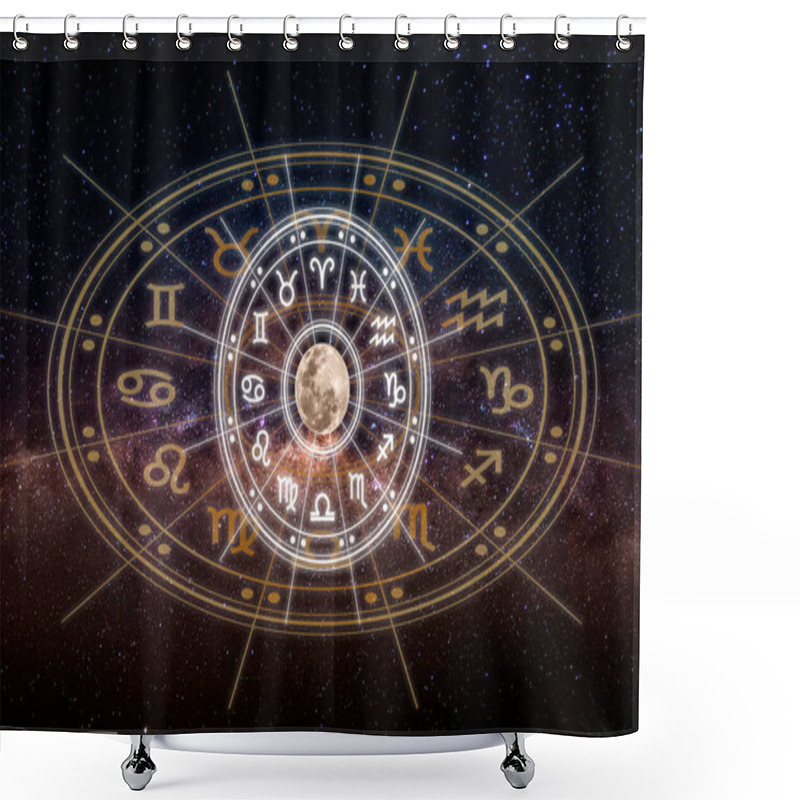 Personality  Astrological Zodiac Signs Inside Of Horoscope Circle. Astrology, Knowledge Of Stars In The Sky Over The Milky Way And Moon. The Power Of The Universe Concept. Shower Curtains