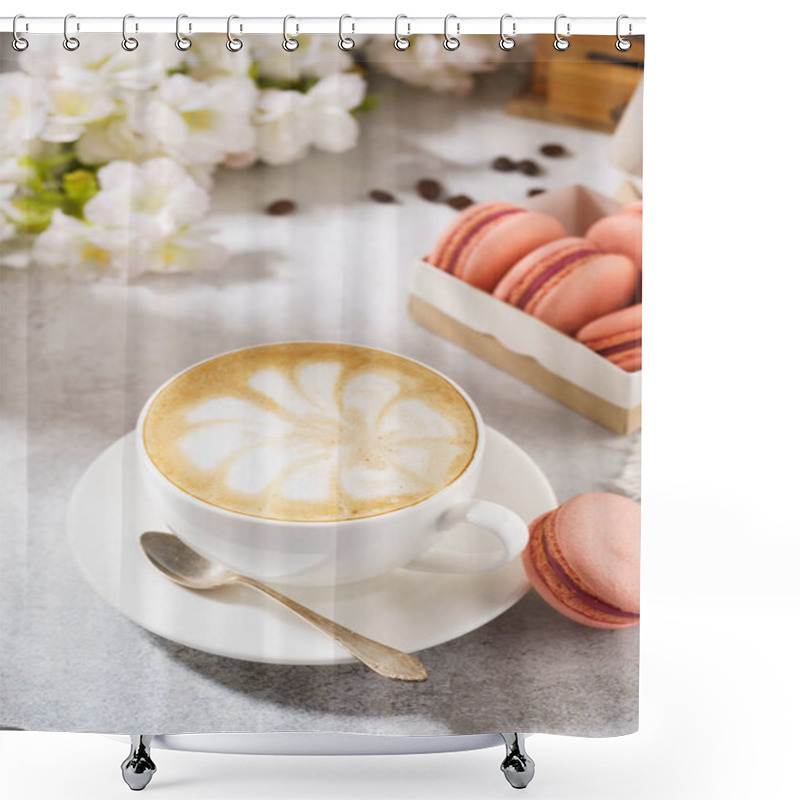 Personality  Coffee And French Macarons For Dessert. Sunny Morning Breakfast. Shower Curtains