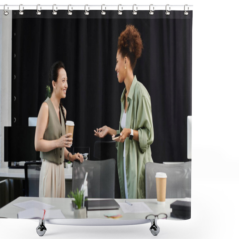 Personality  Two Professional Women Share Ideas And Smiles While Enjoying Coffee In An Office Setting. Shower Curtains