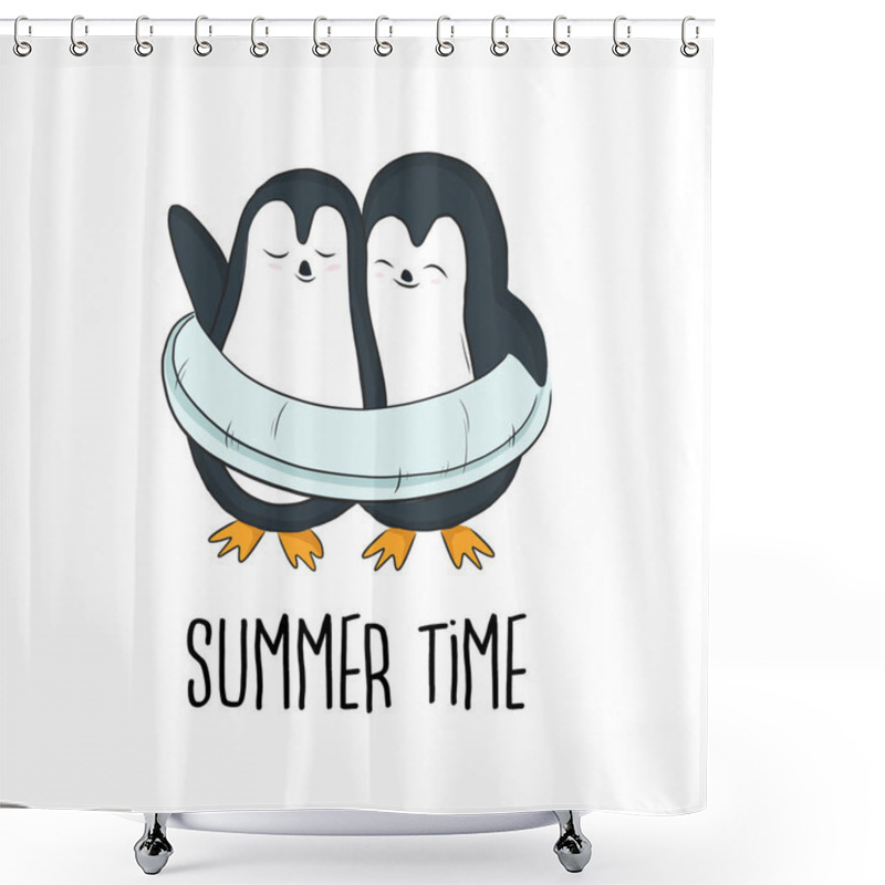 Personality  Pinguins On Summer Vacation With Inflatable. Hand-drawn Cartoon Character Kids Art Print. Vector Doodle T-shirt Design. Baby Boy Room Creative Poster Shower Curtains