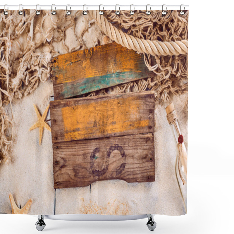 Personality  Blank Rustic Wooden Sign With A Nautical Theme Surrounded By A Fishing Net, Starfish And Message In A Bottle With Scattered Sand On Wooden Boards Shower Curtains