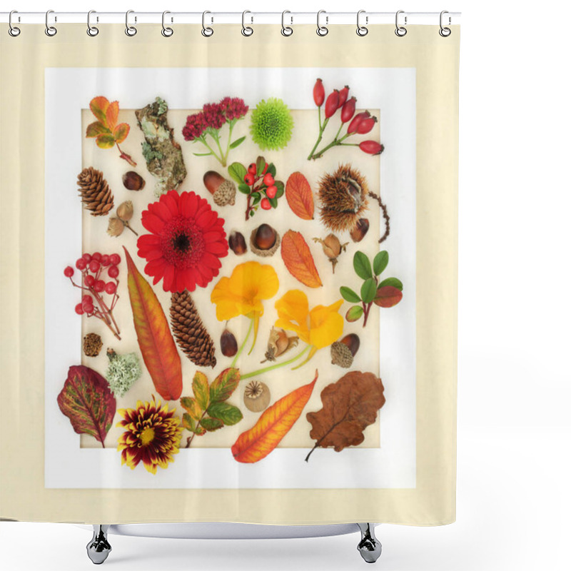 Personality  Autumn And Thanksgiving Abstract Arrangement Of Leaves And Flowers. Background Nature Study White Frame Of Vivid Natural Design For The Fall Season. Flat Lay On Hemp Paper Background. Shower Curtains