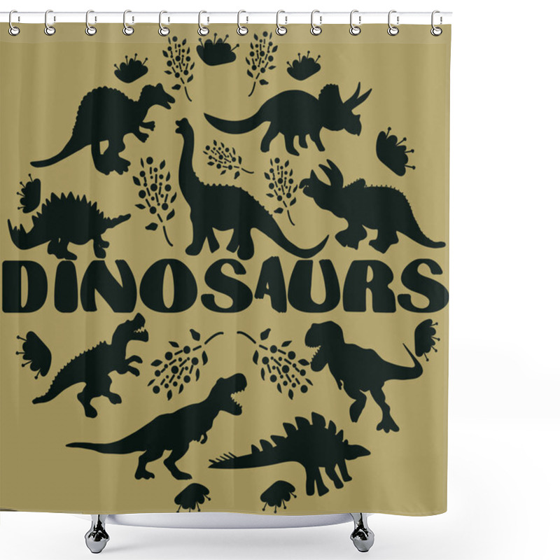 Personality  Black Silhouette Dinosaurs Round Flat Hand Drawn Composition.  Shower Curtains