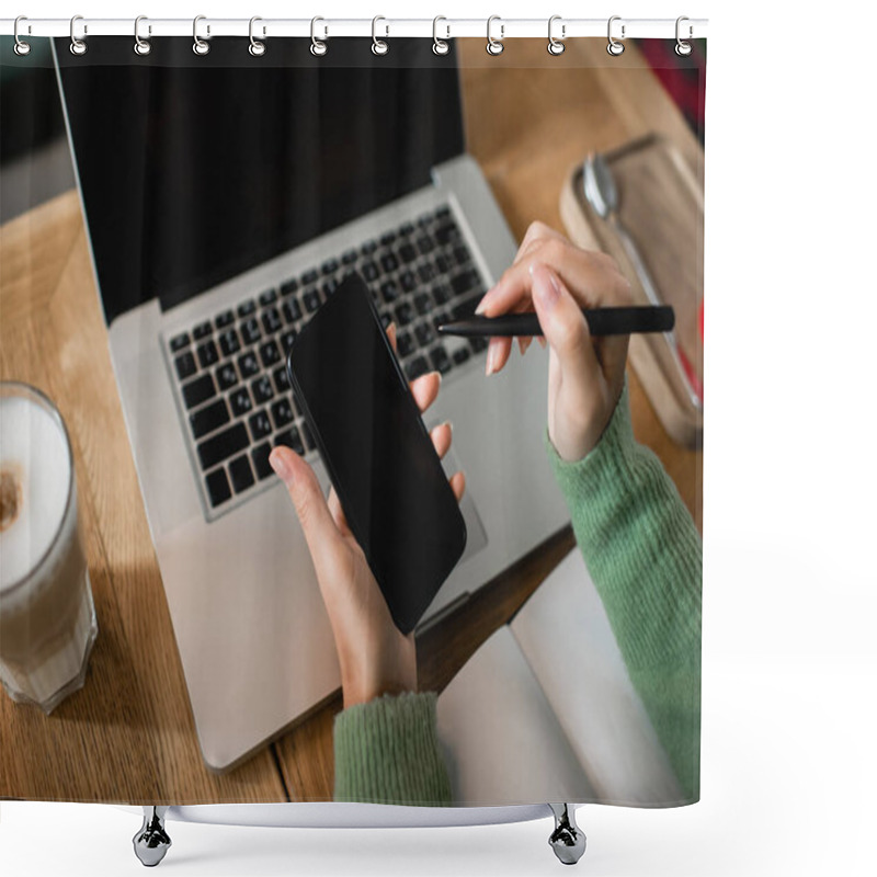 Personality  Cropped View Of African American Woman Holding Smartphone With Blank Screen Near Laptop, Glass Of Latte And Notebook  Shower Curtains