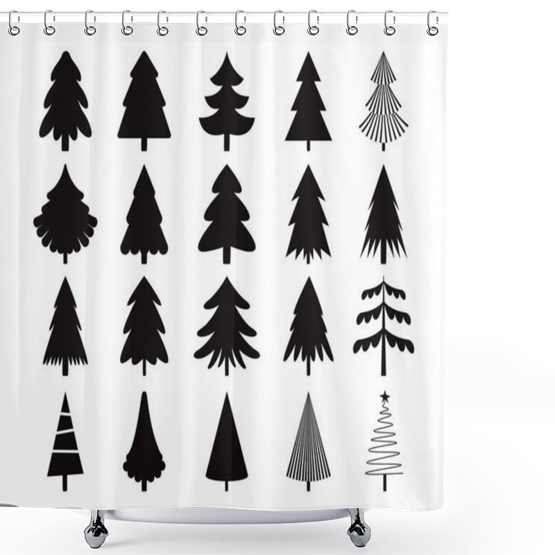 Personality  Black Christmas Tree Icons. Seamless Print Of Winter Holiday Trees With Ornaments, Snowflakes And Presents. Vector Monochrome Background Of Xmas Forest, Pine And Fir Illustration Shower Curtains