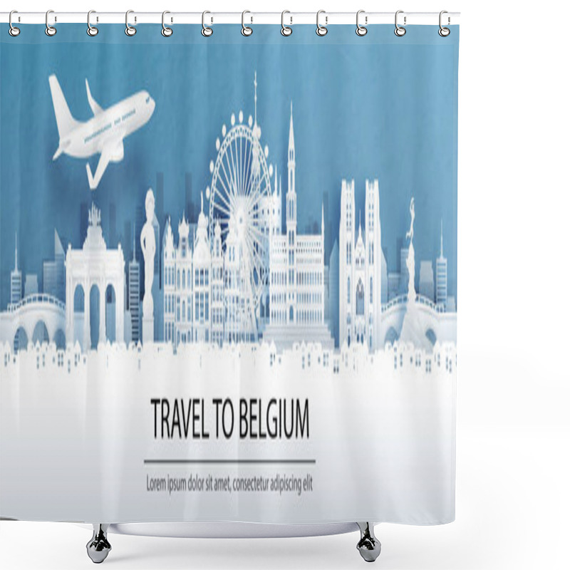 Personality  Travel Advertising With Travel To Belgium Concept With Panorama View Of City Skyline And World Famous Landmarks In Paper Cut Style Vector Illustration. Shower Curtains