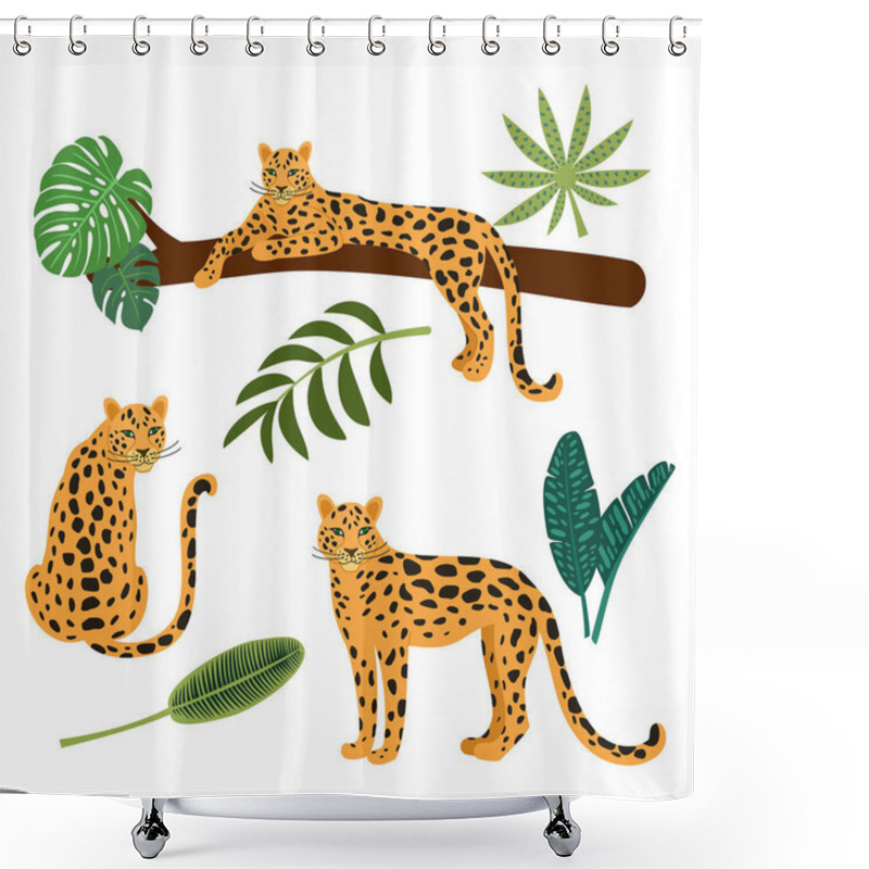 Personality  Collection Of Leopards And Tropical Leaves. Vector Illustrations Isolated On White Background. Shower Curtains