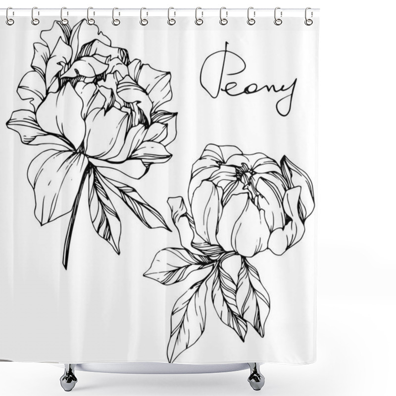 Personality  Vector Isolated Monochrome Peony Flowers Sketch And Handwritten Lettering On White Background. Engraved Ink Art.  Shower Curtains