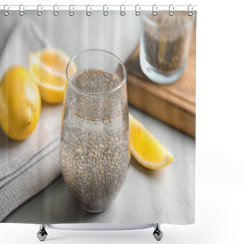 Personality  Composition With Glass Of Water, Chia Seeds And Lemon On Table Shower Curtains