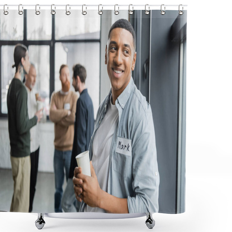 Personality  Positive African American Man With Alcohol Addiction Holding Paper Cup In Recovery Center  Shower Curtains