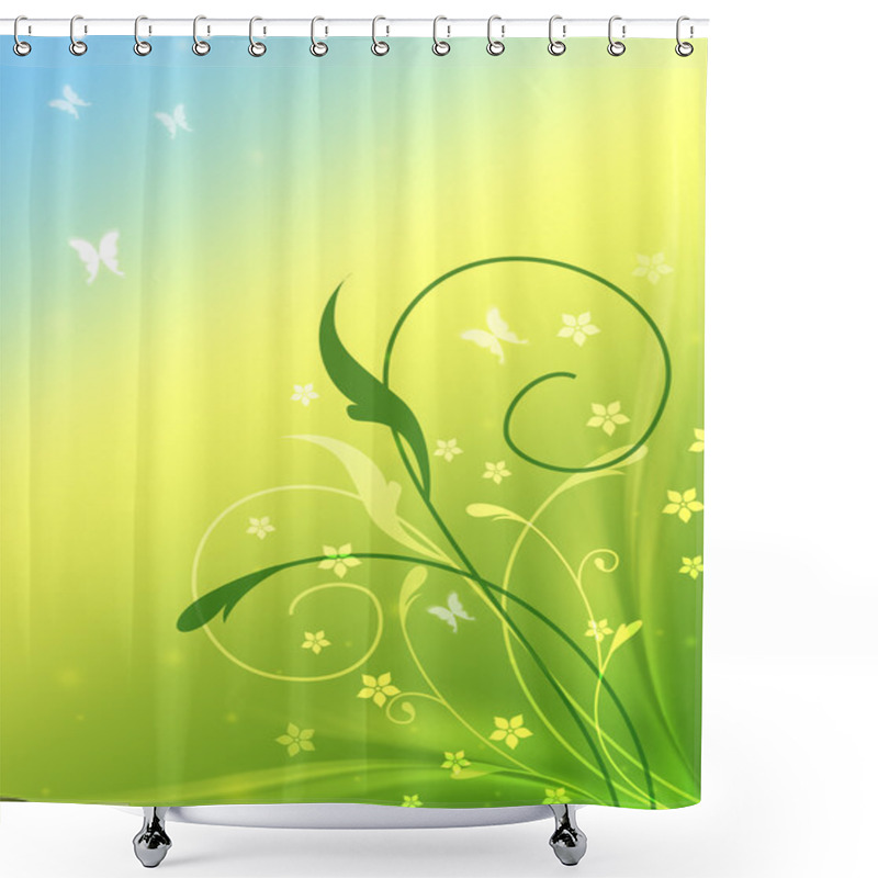 Personality  Spring Flowers With Butterflys In Blue, Yellow And Green Shower Curtains