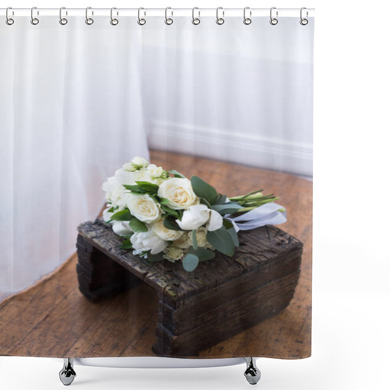 Personality  Wedding Bouquet With White Flowers On Wooden Stand Shower Curtains