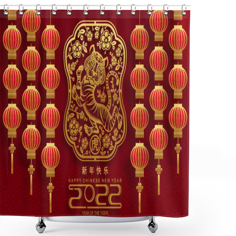 Personality  Chinese New Year 2022 Year Of The Tiger Red And Gold Flower And Asian Elements Paper Cut With Craft Style On Background.( Translation : Chinese New Year 2022, Year Of Tiger ) Shower Curtains