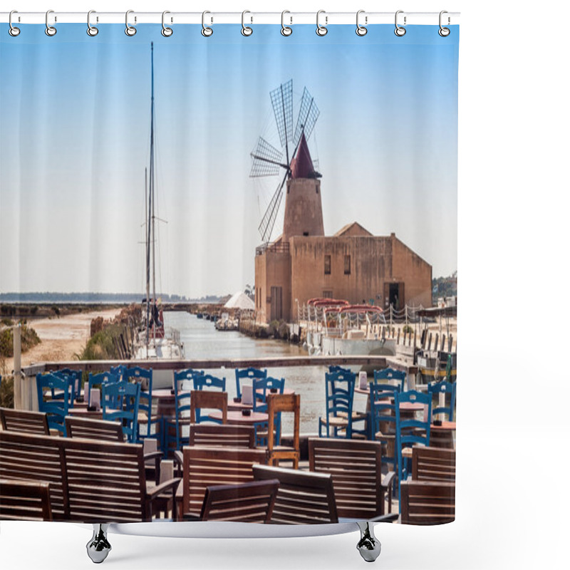 Personality  Bar With View Of Mozia Salt Flats And An Old Windmill In Marsala Shower Curtains