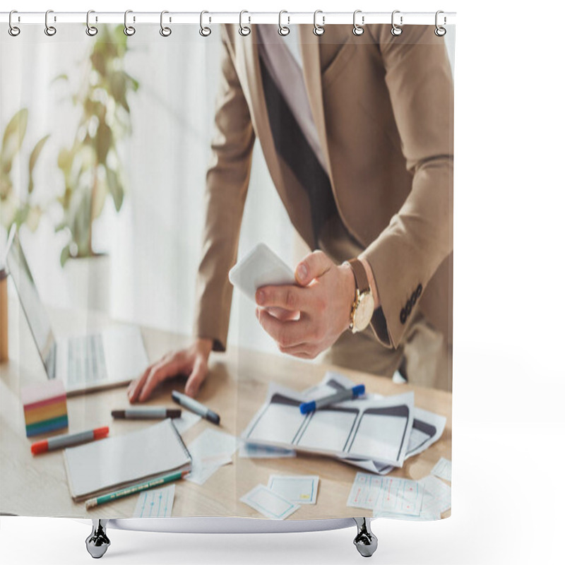 Personality  Cropped View Of Ux Designer Using Smartphone By Website Wireframe Sketches On Table Shower Curtains