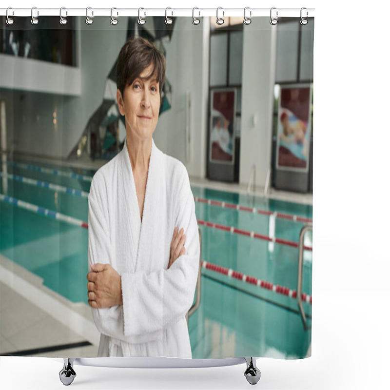 Personality  Middle Aged Woman With Short Hair Standing With Folded Arms Near Pool, White Robe, Spa Center Shower Curtains