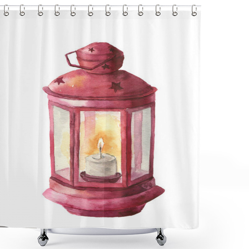 Personality  Watercolor Traditional Red Lantern With Candle. Hand Painted Christmas Lantern On White Background For Design, Print. Party Decor Shower Curtains