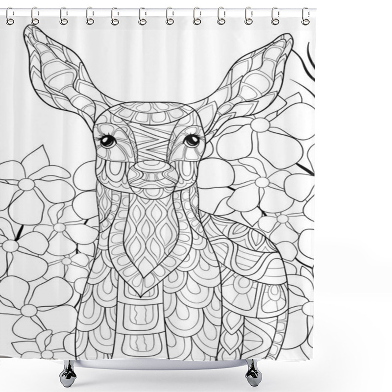 Personality  A Cute Little Deer With Ornaments On The Floral Background  Image For Relaxing.A Coloring Book,page For Adults.Zen Art Style Illustration For Print.Poster Design. Shower Curtains