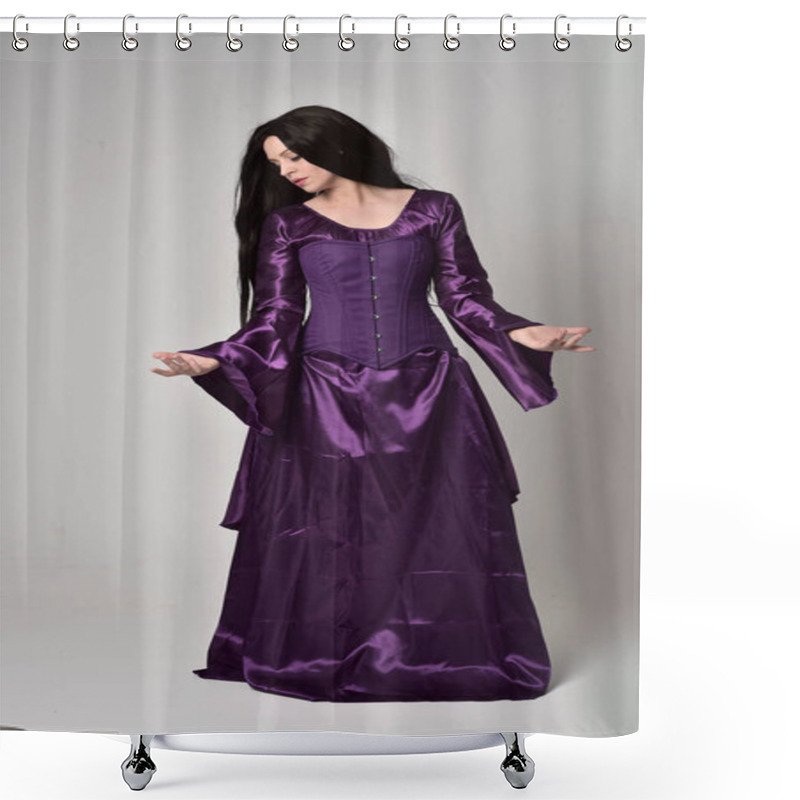 Personality  Full Length Portrait Of Beautiful Girl With Long Black Hair,   Wearing Purple Fantasy Medieval Gown. Standing Pose On Grey Studio Background. Shower Curtains