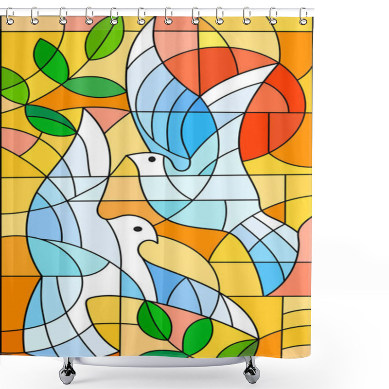 Personality  Illustration In Stained Glass Style With Abstract Pigeons, The Sun And Branches N Bright Orange Sky  Shower Curtains