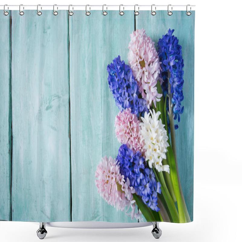 Personality  Beautiful Hyacinth Flower On Turquoise Wooden Surface Shower Curtains