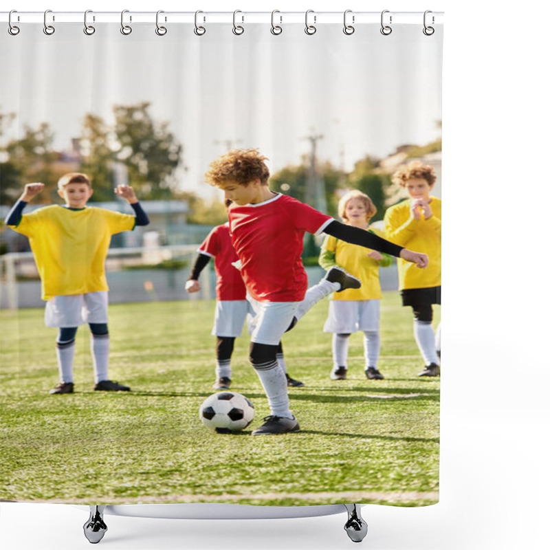 Personality  A Group Of Energetic Young Children Enthusiastically Playing A Game Of Soccer, Kicking The Ball Around And Trying To Score Goals On A Sunny Day At The Park. Shower Curtains