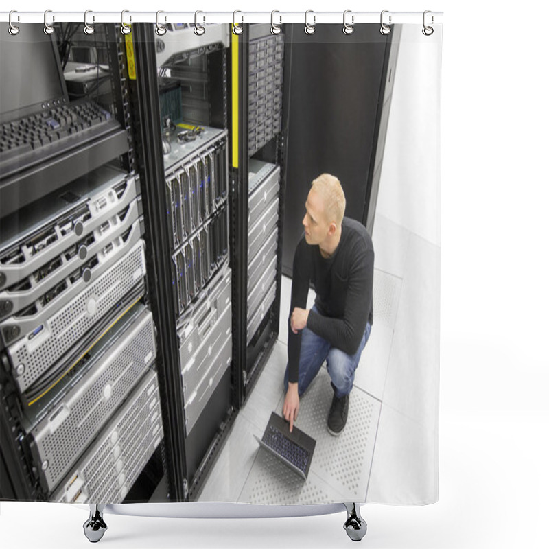 Personality  It Consultant Working With Blade Servers In Datacenter Shower Curtains