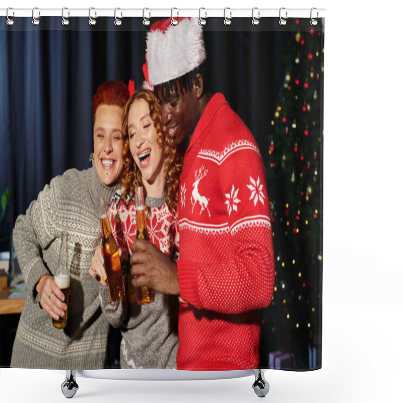 Personality  Young Professionals Enjoy Holiday Spirit With Drinks, Laughter, And Festive Attire In The Workplace Shower Curtains