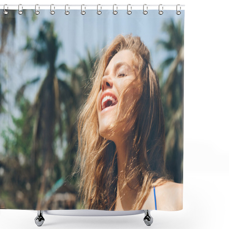 Personality  Pretty Happy Woman Enjoying Summer Outdoors Shower Curtains