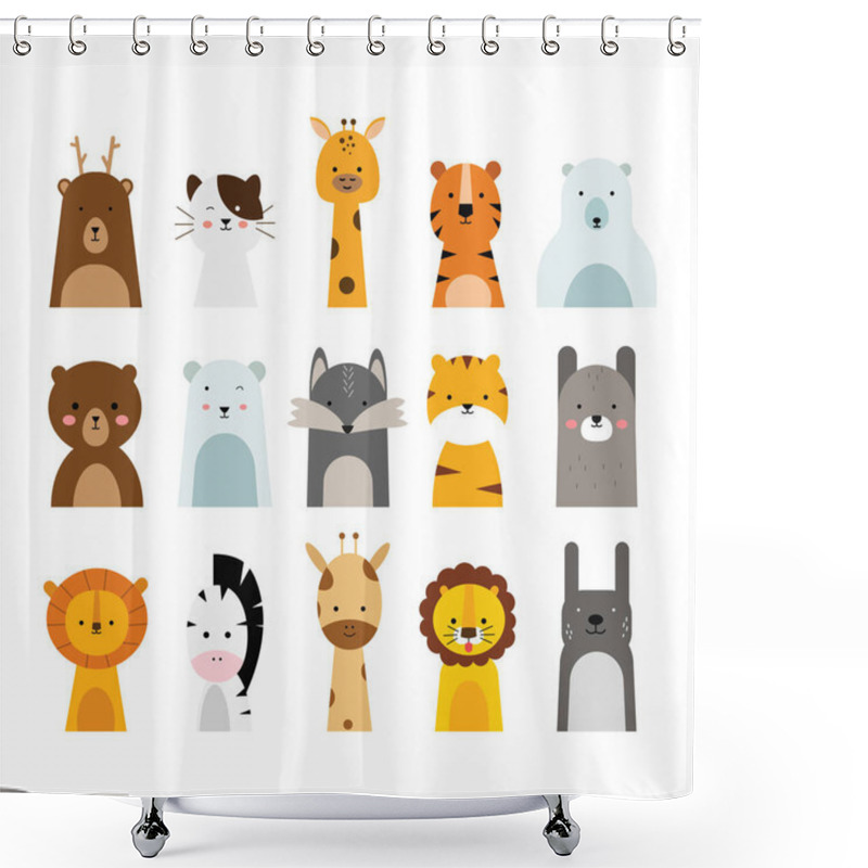 Personality  Set Of Cute Animal Illustrations In Flat Design Style. A Simple Drawing Of An Animal's Head. Various Animals Illustrated As An Element Vector Decoration For Kid's Design. Shower Curtains