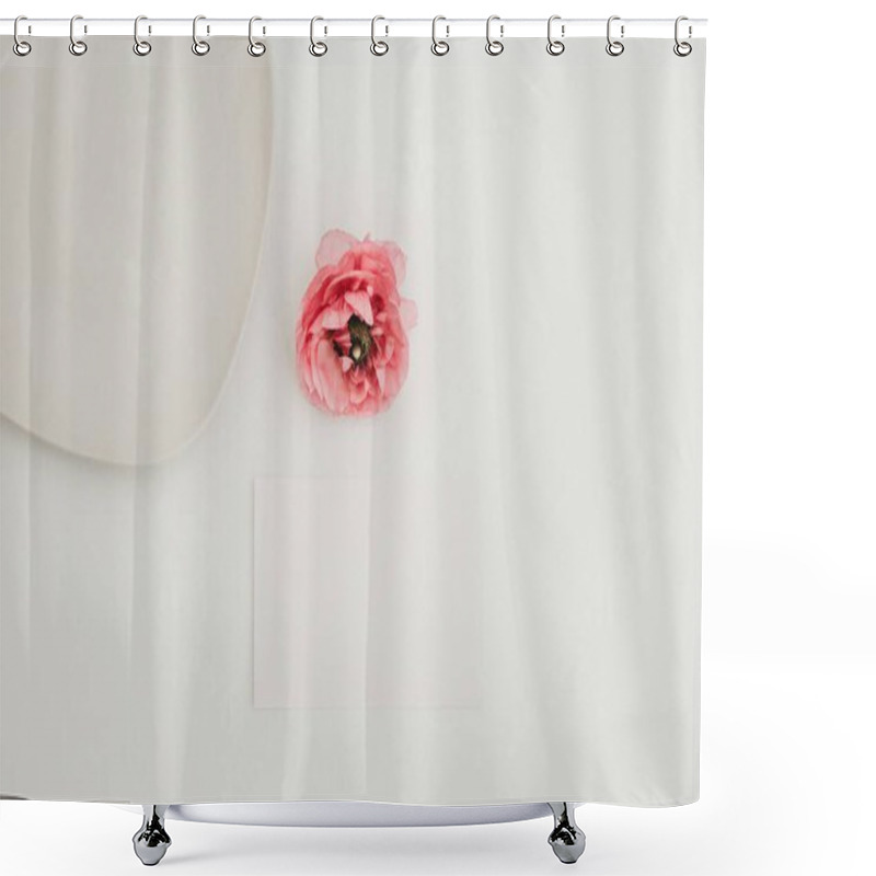 Personality  Delicate Pink Flower Beside A Blank Card And A Minimalist Dish. Shower Curtains