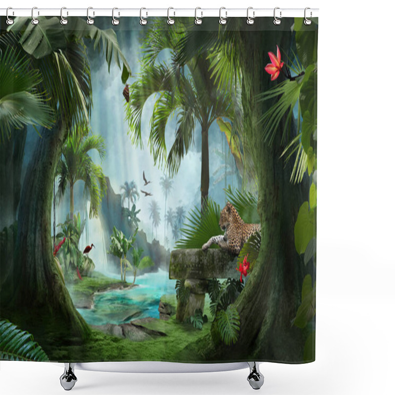 Personality  Beautiful Jungle Beach Lagoon View With A Jaguar, Palm Trees And Tropical Leaves, Can Be Used As Background Shower Curtains