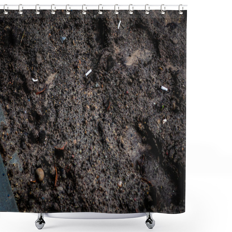 Personality  Old Cigarette Butts On The Black Ground, Polluted Earth, Pollution Of The Planet, Environmental Damage. Shower Curtains