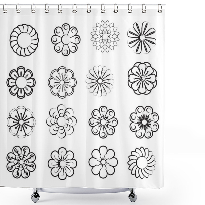 Personality  Monochrome Floral Icon Set Of 16 Silhouette Flowers Isolated On White Background. Stylized Summer Or Spring Flowers, Floral Design Elements. Vector Illustration Shower Curtains