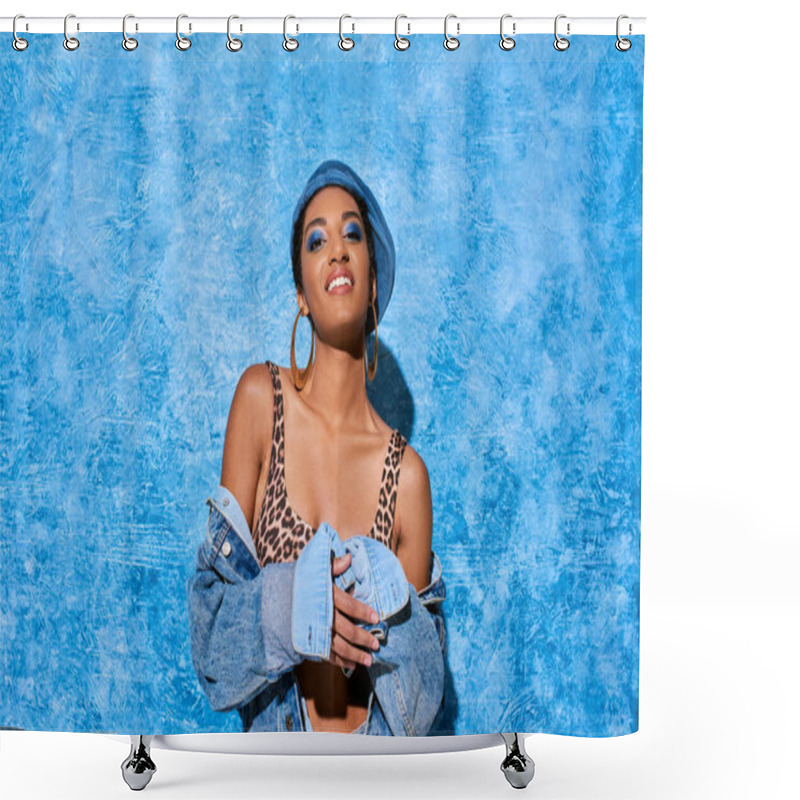 Personality  Positive And Young African American Woman With Bold Makeup And Golden Earrings Posing In Beret And Denim Jacket On Blue Textured Background, Stylish Denim Attire Shower Curtains