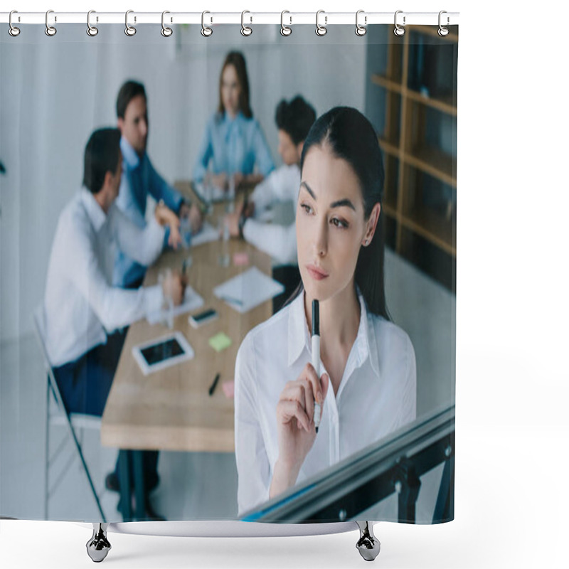 Personality  Selective Focus Of Pensive Businesswoman And Colleagues Behind At Workplace In Office Shower Curtains