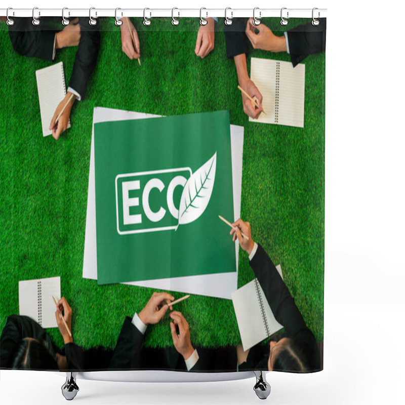 Personality  Top View Panoramic ECO Symbol On Green Grass Table With Business People Planning For Alternative Energy Utilization For Greener Sustainable Earth As Corporate Social Responsibility. Quaint Shower Curtains