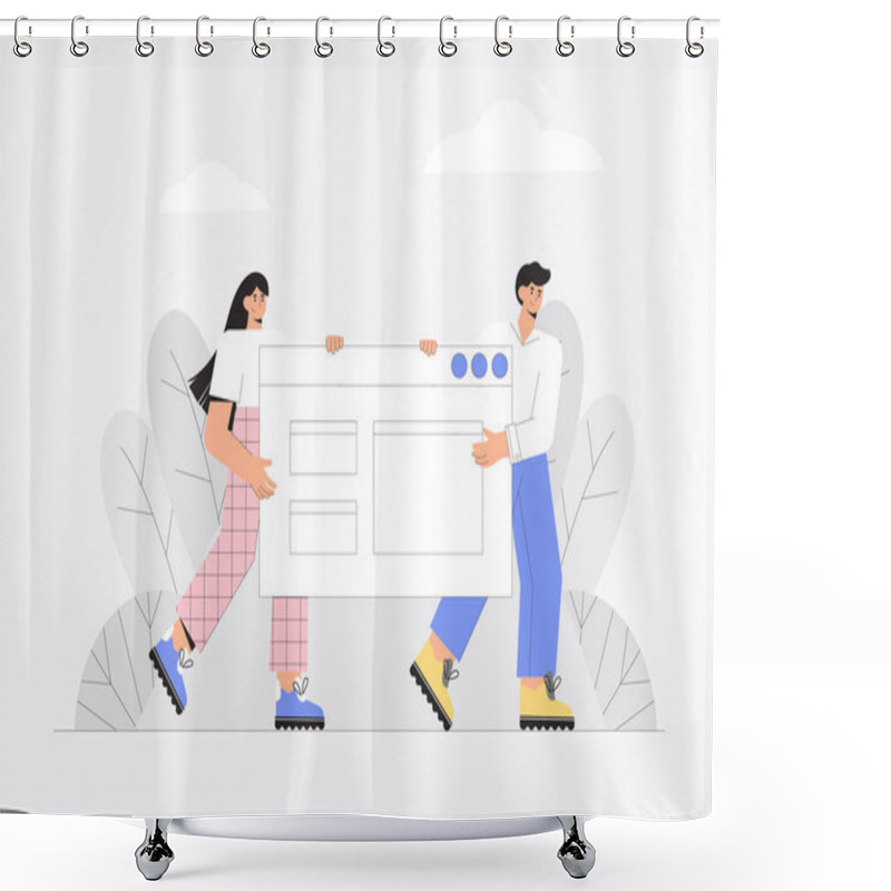 Personality  UI UX Design Concept Of Creating An Application And Teamwork. Two People Hold The Application Window. Flat Modern Style Vector Illustration. Shower Curtains