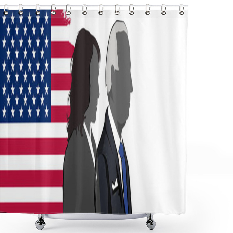 Personality  Silhouette Of USA President Joe Biden, Kamala Harris The Background Of The USA Flags Shower Curtains