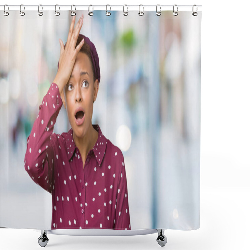 Personality  Beautiful Young African American Woman Wearing Head Scarf Over Isolated Background Surprised With Hand On Head For Mistake, Remember Error. Forgot, Bad Memory Concept. Shower Curtains