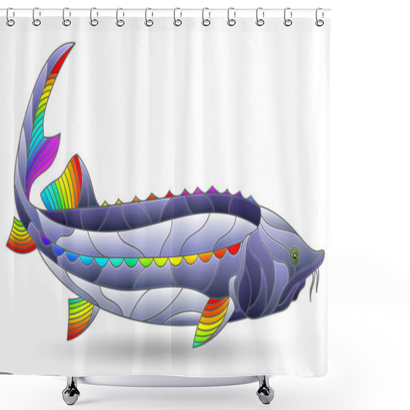 Personality  Stained Glass Illustration With A Rainbow Sturgeon Fish, An Animal Isolated On A White Background Shower Curtains