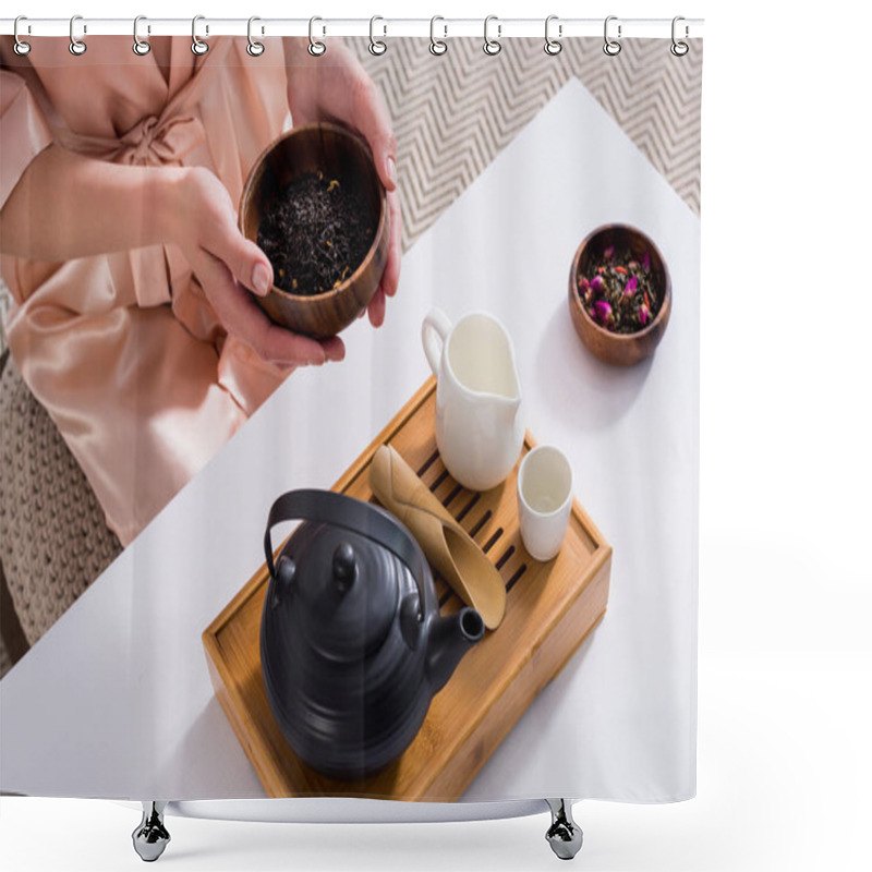 Personality  Cropped Shot Of Woman Holding Wooden Bowl With Black Tea In Hands In Morning At Home Shower Curtains