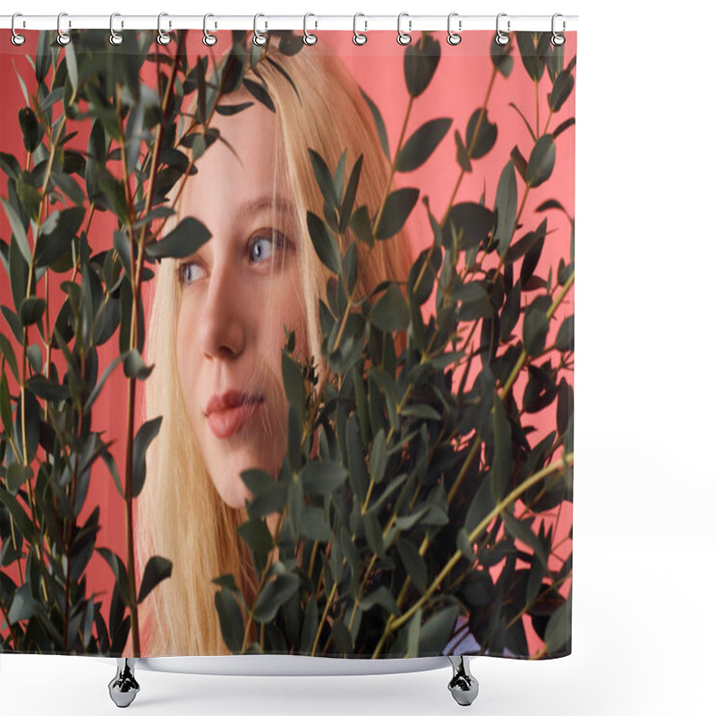 Personality  Beautiful Young Woman Behind Bunch Of Eucalyptus Branches Shower Curtains