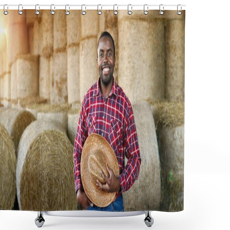 Personality  Young Handsome African American Man Farmer Standing And Smiling In Barn With Hay Barn. Portrait Of Happy Cheerful Male Shepherd Taking Off Hat And Doing Greeting Gesture In Stable. Outdoor. Shower Curtains