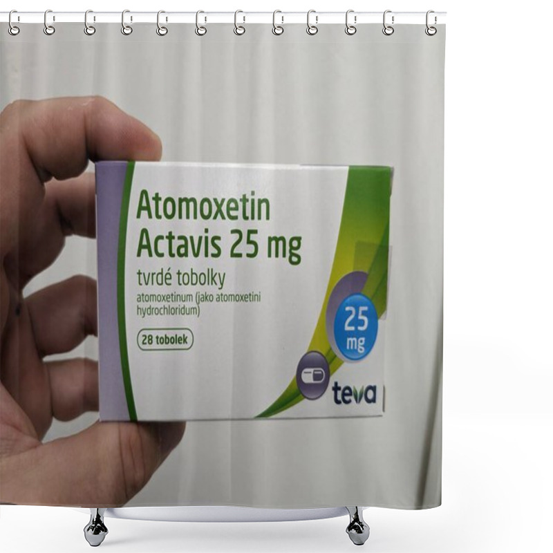 Personality  Prague, Czech Republic-July 9 2024: Atomoxetin Actavis Box Of Medication With Atomoxetine Active Substance By Mylan, Used For Treatment Of ADHD, Attention Deficit Hyperactivity Disorder, Impulse Contr Shower Curtains